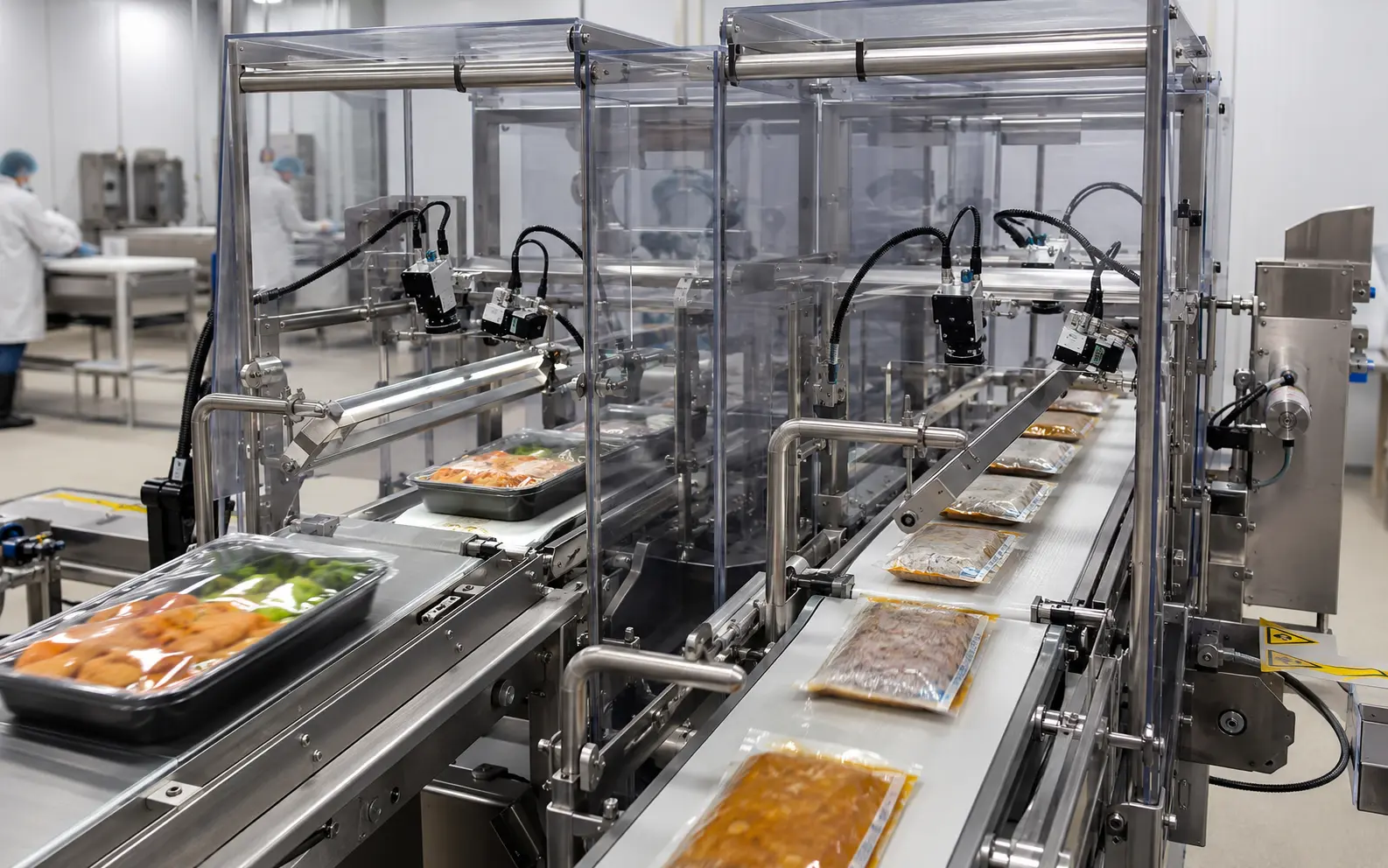 Vision cameras inspecting tray and pouch seals on a hygienic stainless-steel conveyor